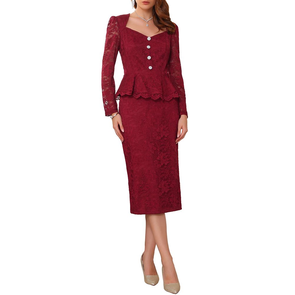 Women's Lace Formal 2 Pieces Suits Outfits Sweetheart Neck Peplum Top ...