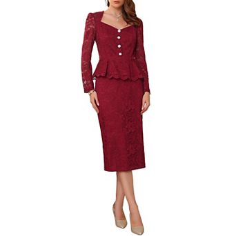 Women's Lace Formal 2 pc Suits Outfits Sweetheart Neck Peplum Top Elegant Cocktail Skirt Sets