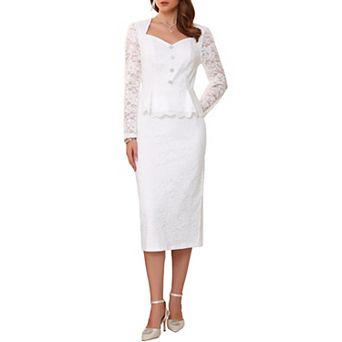 Women's Lace Formal 2 pc Suits Outfits Sweetheart Neck Peplum Top Elegant Cocktail Skirt Sets