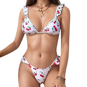 Women's Cherry Print Bikini Set with Triangle Top and Ruffle Strap Detail High Cut Bottom