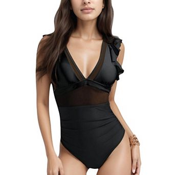Women's Mesh Panel One Piece Swimsuit with Ruffle Shoulder Detail and Deep V Neckline
