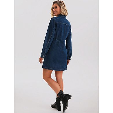 Women's Denim Dress Button Up Collar Long Sleeve A-Line Above the Knee Length Jean Dresses