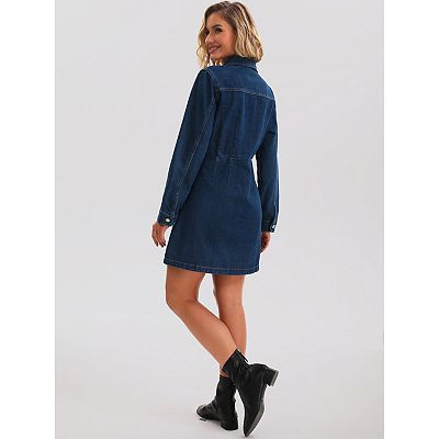 Women's Denim Dress Button Up Collar Long Sleeve A-Line Above the