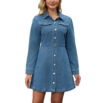 Women's Denim Dress Button Up Collar Long Sleeve A-Line Above the Knee Length Jean Dresses