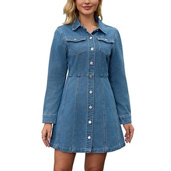 Women's Denim Dress Button Up Collar Long Sleeve A-Line Above the Knee Length Jean Dresses