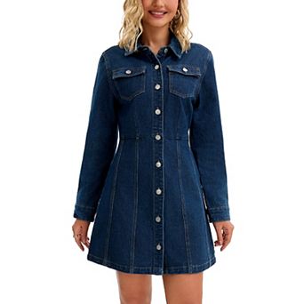 Women's Denim Dress Button Up Collar Long Sleeve A-Line Above the Knee Length Jean Dresses