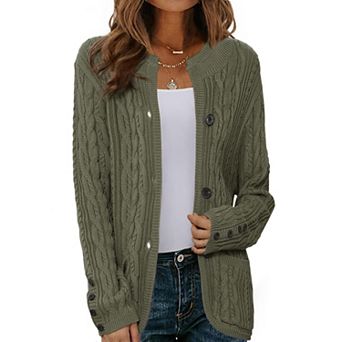 Cardigan for Women's Open Front Button Down Long Sleeve Fall Casual Cable Knit Sweater with Pockets