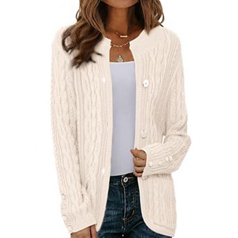 Cardigan for Women's Open Front Button Down Long Sleeve Fall Casual Cable Knit Sweater with Pockets