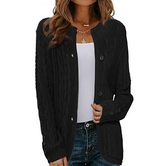 Cardigan for Women's Open Front Button Down Long Sleeve Fall Casual Cable Knit Sweater with Pockets