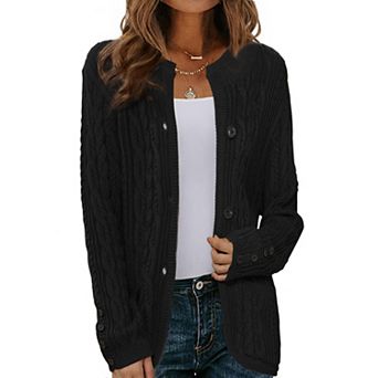 Cardigan for Women's Open Front Button Down Long Sleeve Fall Casual Cable Knit Sweater with Pockets