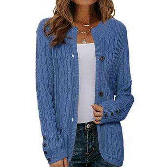Cardigan for Women's Open Front Button Down Long Sleeve Fall Casual Cable Knit Sweater with Pockets