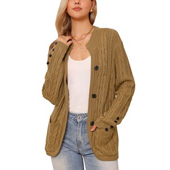 Cardigan for Women's Open Front Button Down Long Sleeve Fall Casual Cable Knit Sweater with Pockets