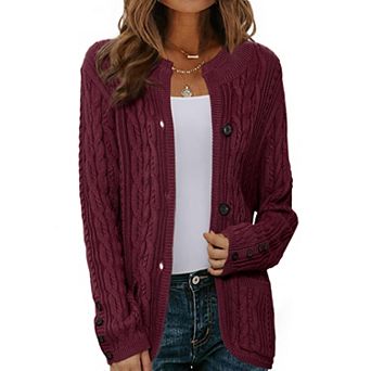 Cardigan for Women's Open Front Button Down Long Sleeve Fall Casual Cable Knit Sweater with Pockets