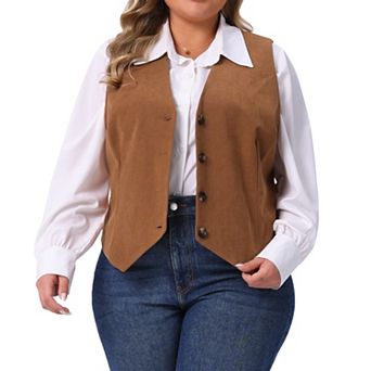 Plus Size Women's Corduroy Suit Vest Lined Waistcoat Blazer V Neck Sleeveless Vest Jacket Outerwear