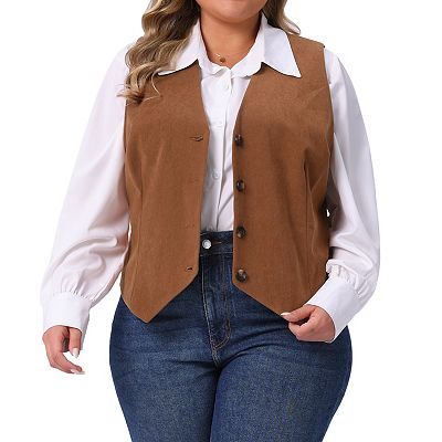Plus Size Women's Corduroy Suit Vest Lined Waistcoat Blazer V