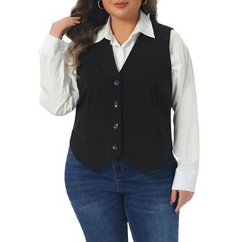 Plus Size Women's Corduroy Suit Vest Lined Waistcoat Blazer V Neck Sleeveless Vest Jacket Outerwear
