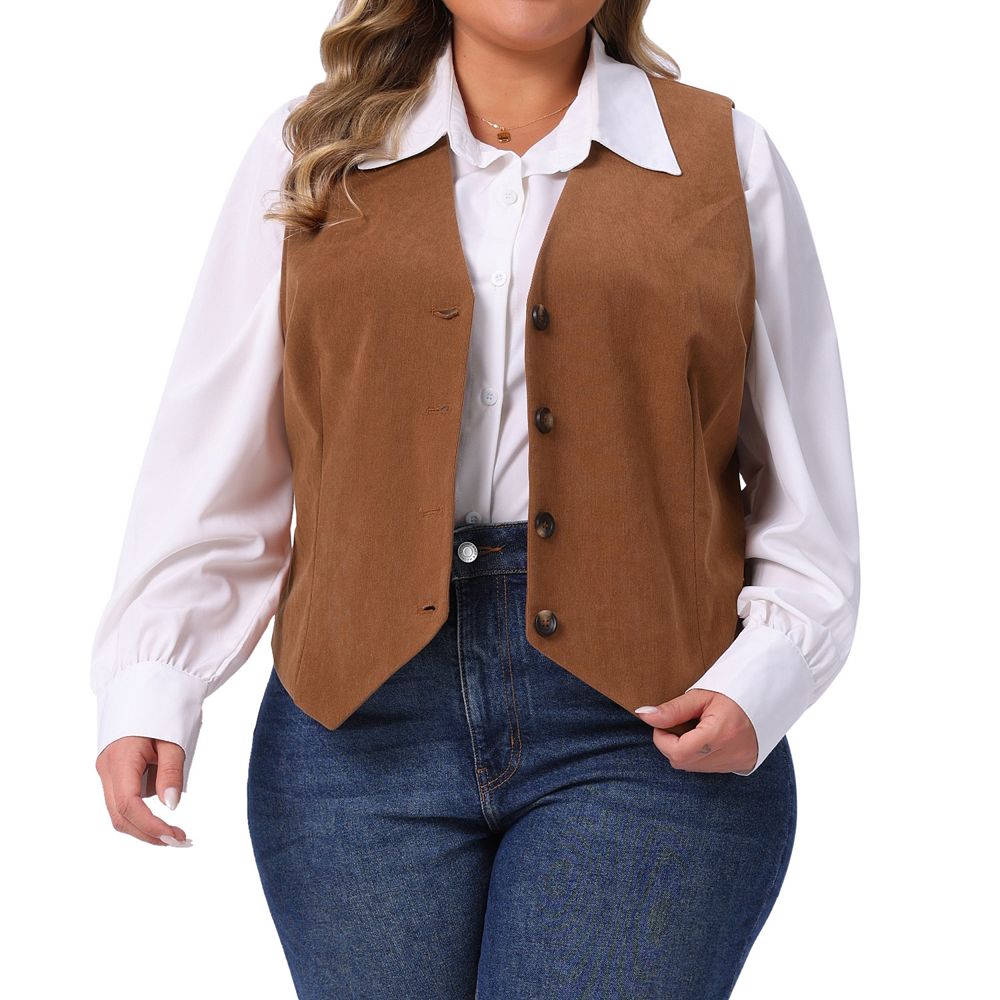 Plus Size Women's Corduroy Suit Vest Lined Waistcoat Blazer V Neck