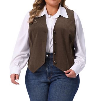 Plus Size Women's Corduroy Suit Vest Lined Waistcoat Blazer V Neck Sleeveless Vest Jacket Outerwear