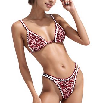 Women's Scroll Print Bikini Set Triangle Top High Cut Bottom Contrast Trim Swimsuit