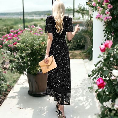 Women's Sparkle Sheer Detail V-Neck Dot Sequin Maxi Dress