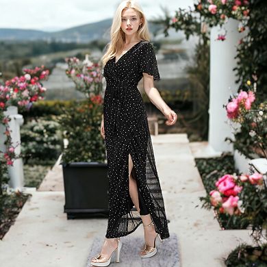 Women's Sparkle Sheer Detail V-Neck Dot Sequin Maxi Dress