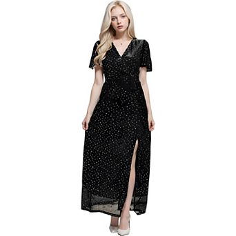 Women's Sparkle Sheer Detail V-Neck Dot Sequin Maxi Dress