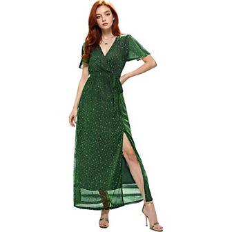 Women's Sparkle Sheer Detail V-Neck Dot Sequin Maxi Dress
