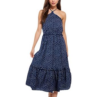 Women's Polka Dot Halter Neck Tiered Midi Dress with Elastic Waist for Casual Looks