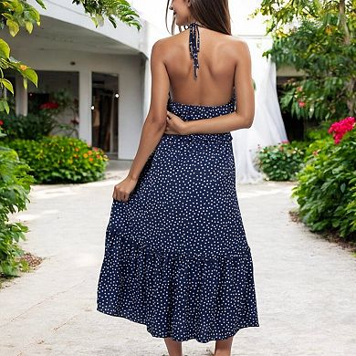 Women's Polka Dot Halter Neck Tiered Midi Dress with Elastic Waist for Casual Looks