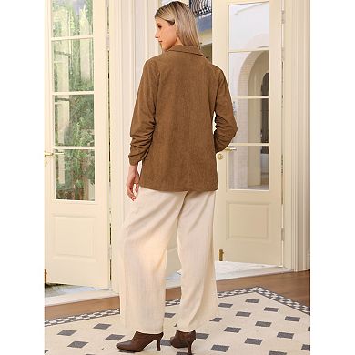 Women's Corduroy Blazers Ruched Sleeve One Button Lapel Pockets Suit Jackets Work Business Casual
