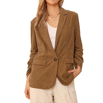 Women's Corduroy Blazers Ruched Sleeve One Button Lapel Pockets Suit Jackets Work Business Casual