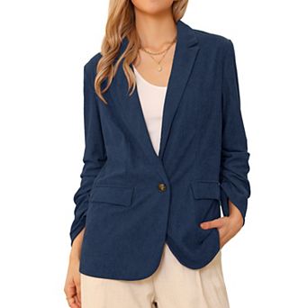 Women's Corduroy Blazers Ruched Sleeve One Button Lapel Pockets Suit Jackets Work Business Casual
