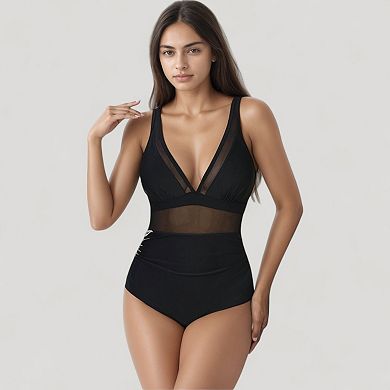 Women's Deep V Mesh Panel One Piece Swimsuit with Sheer Waist Detail and Adjustable Straps