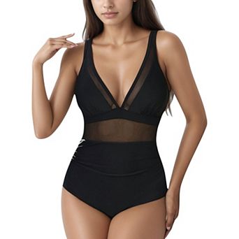 Women's Deep V Mesh Panel One Piece Swimsuit with Sheer Waist Detail and Adjustable Straps