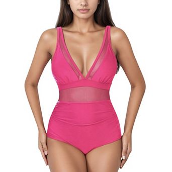 Women's Deep V Mesh Panel One Piece Swimsuit with Sheer Waist Detail and Adjustable Straps