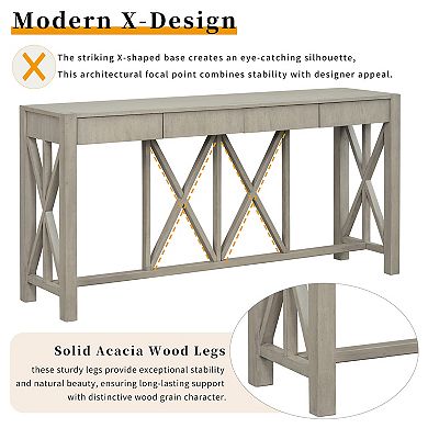 Merax 60''Acacia Veneer Console Table with 4 Drawers, Modern Crisscross Design Entryway Table