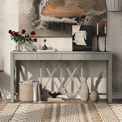 Merax 60''Acacia Veneer Console Table with 4 Drawers, Modern Crisscross Design Entryway Table