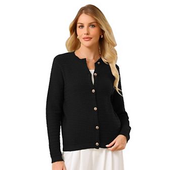 Women's Button Down Cardigan Sweater Crewneck Long Sleeve Knit Ribbed Jacket