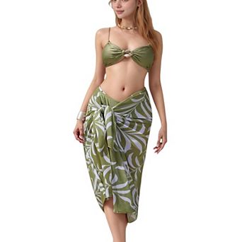 Women's Ring Front Bikini Top with Adjustable Straps and Tropical Leaf Print Sarong Cover-Up Skirt