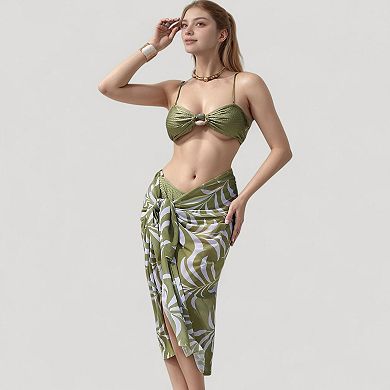 Women's Ring Front Bikini Top with Adjustable Straps and Tropical Leaf Print Sarong Cover-Up Skirt