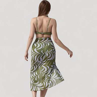Women's Ring Front Bikini Top with Adjustable Straps and Tropical Leaf Print Sarong Cover-Up Skirt