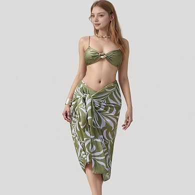 Women's Ring Front Bikini Top with Adjustable Straps and Tropical Leaf Print Sarong Cover-Up Skirt