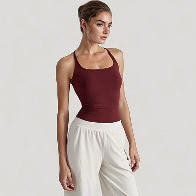 Women's Fitted Square Neck Tank Top with Built-In Bra and Racerback Design