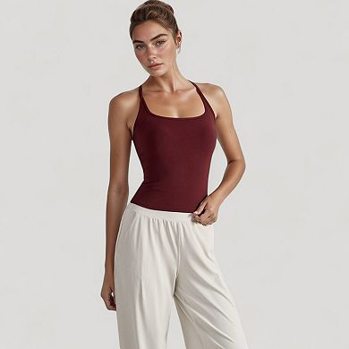 Women's Fitted Square Neck Tank Top with Built-In Bra and Racerback Design