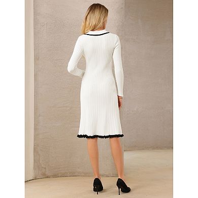 Women's Midi Knitted Dress Ribbed Ruffled A-Line Sweater Polo Dresses