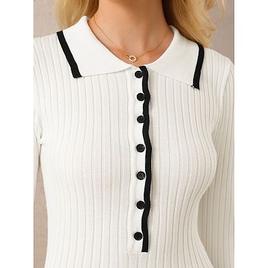 Women's Midi Knitted Dress Ribbed Ruffled A-Line Sweater Polo Dresses
