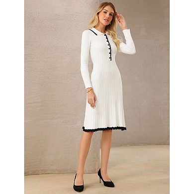 Women's Midi Knitted Dress Ribbed Ruffled A-Line Sweater Polo Dresses