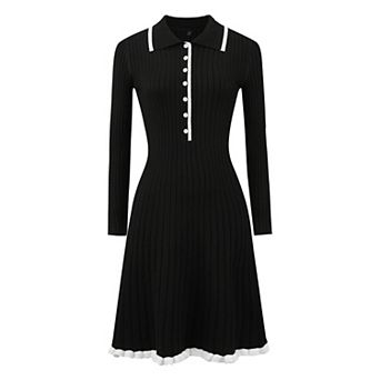 Women's Midi Knitted Dress Ribbed Ruffled A-Line Sweater Polo Dresses