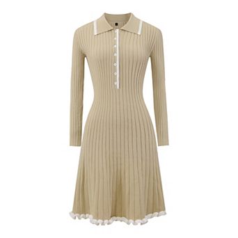 Women's Midi Knitted Dress Ribbed Ruffled A-Line Sweater Polo Dresses