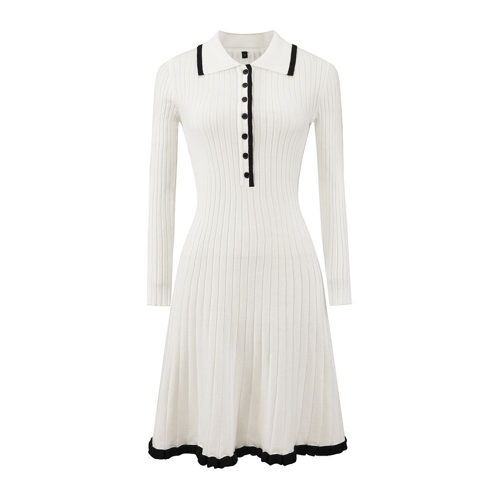 ribbed polo midi sweater dress Women's Midi Knitted Dress Ribbed Ruffled A-Line Sweater Polo Dresses